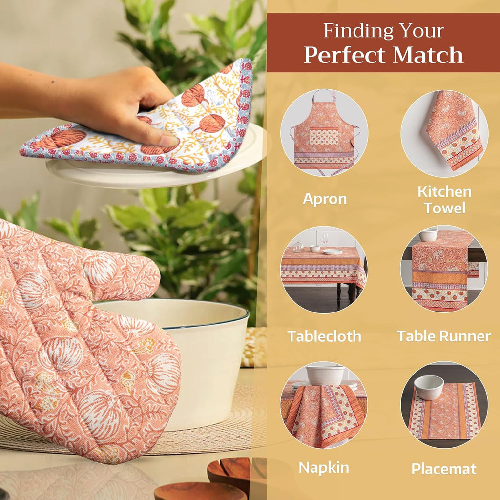 Maison d' Hermine 100% Cotton Oven Mitt & Pot Holder Set (7.5"x13" & 8"x8") Heat Resistant BBQ Cooking Gloves with Loop, Baking, Grilling, Kitchen, Handling Hot Pans (Harvest Festival)