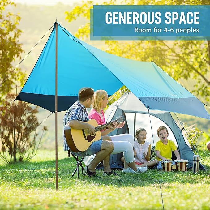 VILLEY Camping Tarps for Tents, Portable Waterproof Hammock Rain Fly, Easy Set Up Camping Shelter Sunshade Canopy for Outdoor Fishing, Backpacking, Hiking, Survival Gear- Heptagonal, Blue