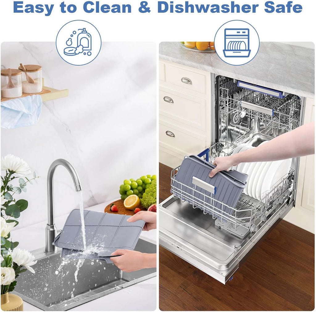 Silicone Dish Drying Mat with Drain Lip 23.6'' x 17.9'' Non-Slip Silicone Dish Drying Mat for Kitchen Counter, Heat Resistant Dish Drying Pad Quick Dry Self-draining Dish Drainer Mat Board Grey