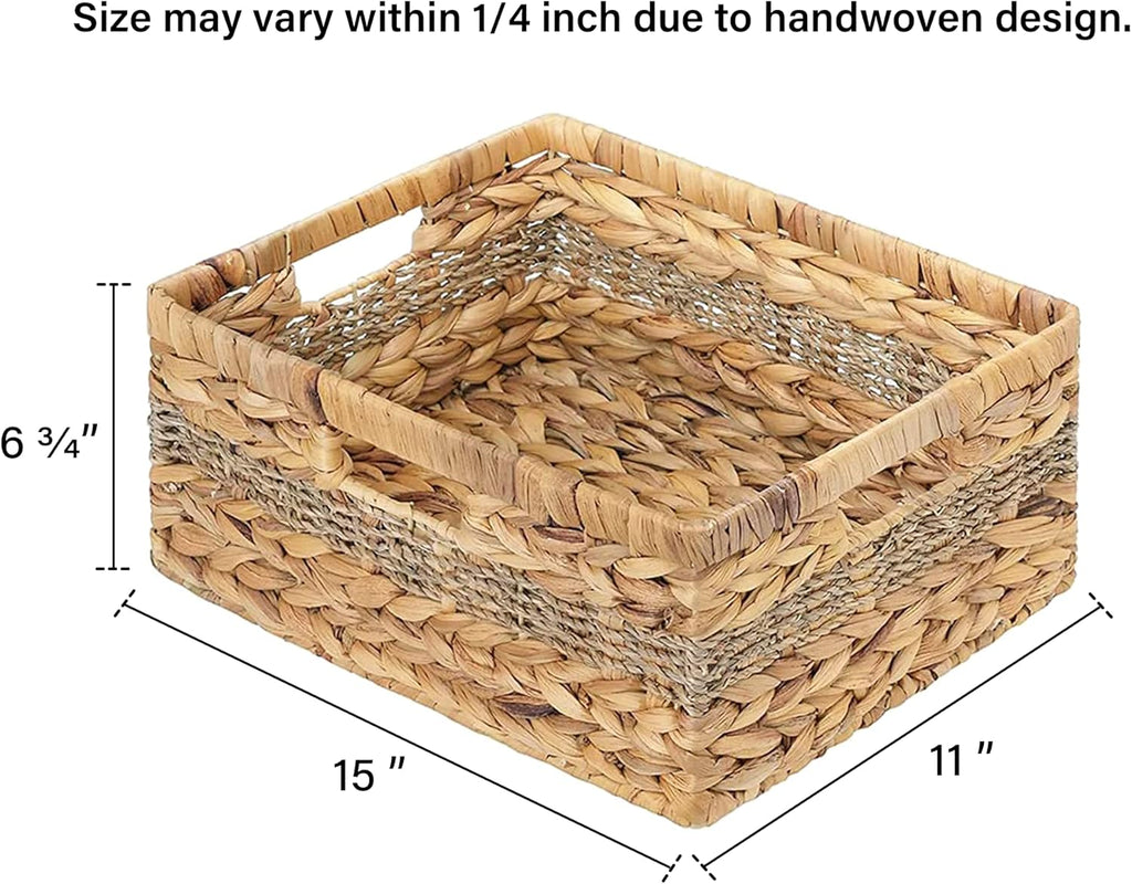 StorageWorks Large Rectangular Wicker Basket, Water Hyacinth and Seagrass Storage Basket with Built-in Handles, 1 Pack