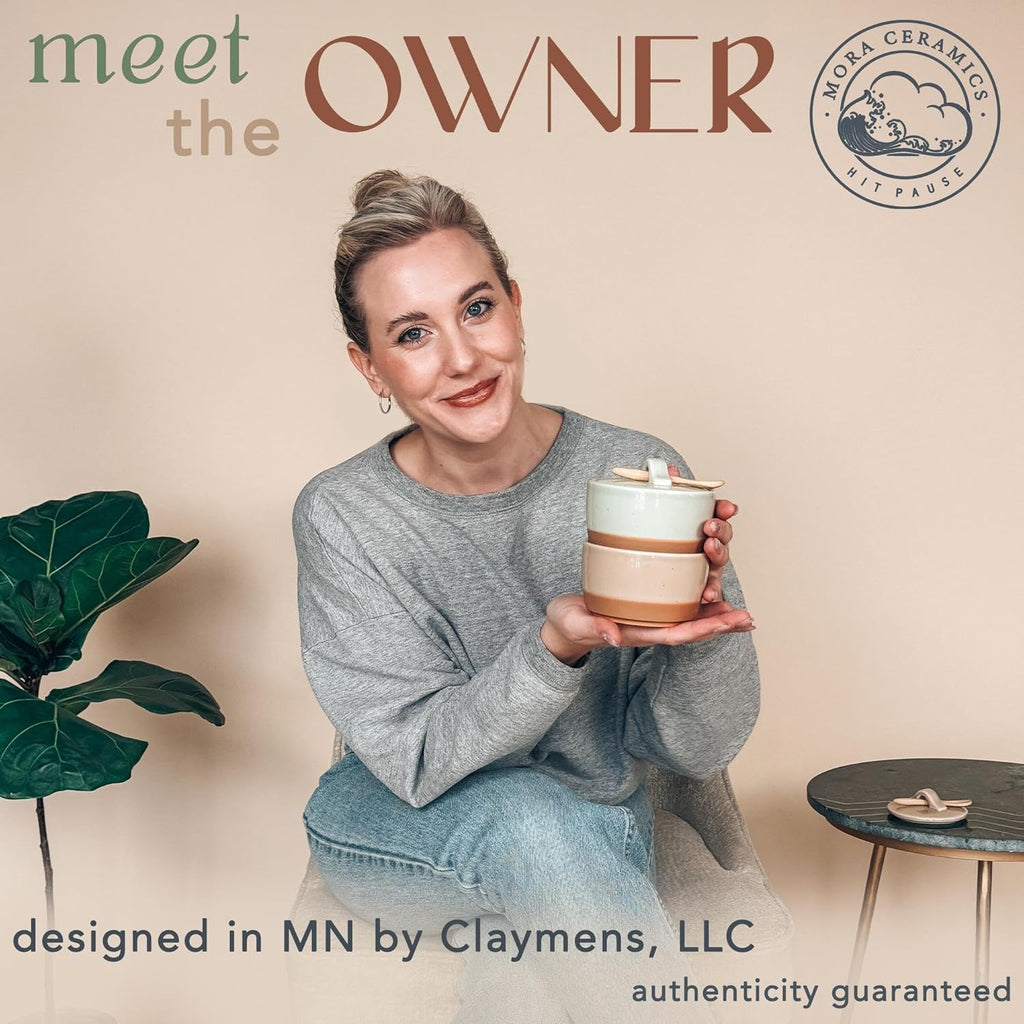 Mora Ceramic Salt and Pepper Cellar Set with Lid - 10 oz Modern Canister/Container/Bowl for Storage, Sea Salt, Spice, Sugar, Countertop - Small Dish/Jar with Wood Spoon, Matcha & Chai Crock