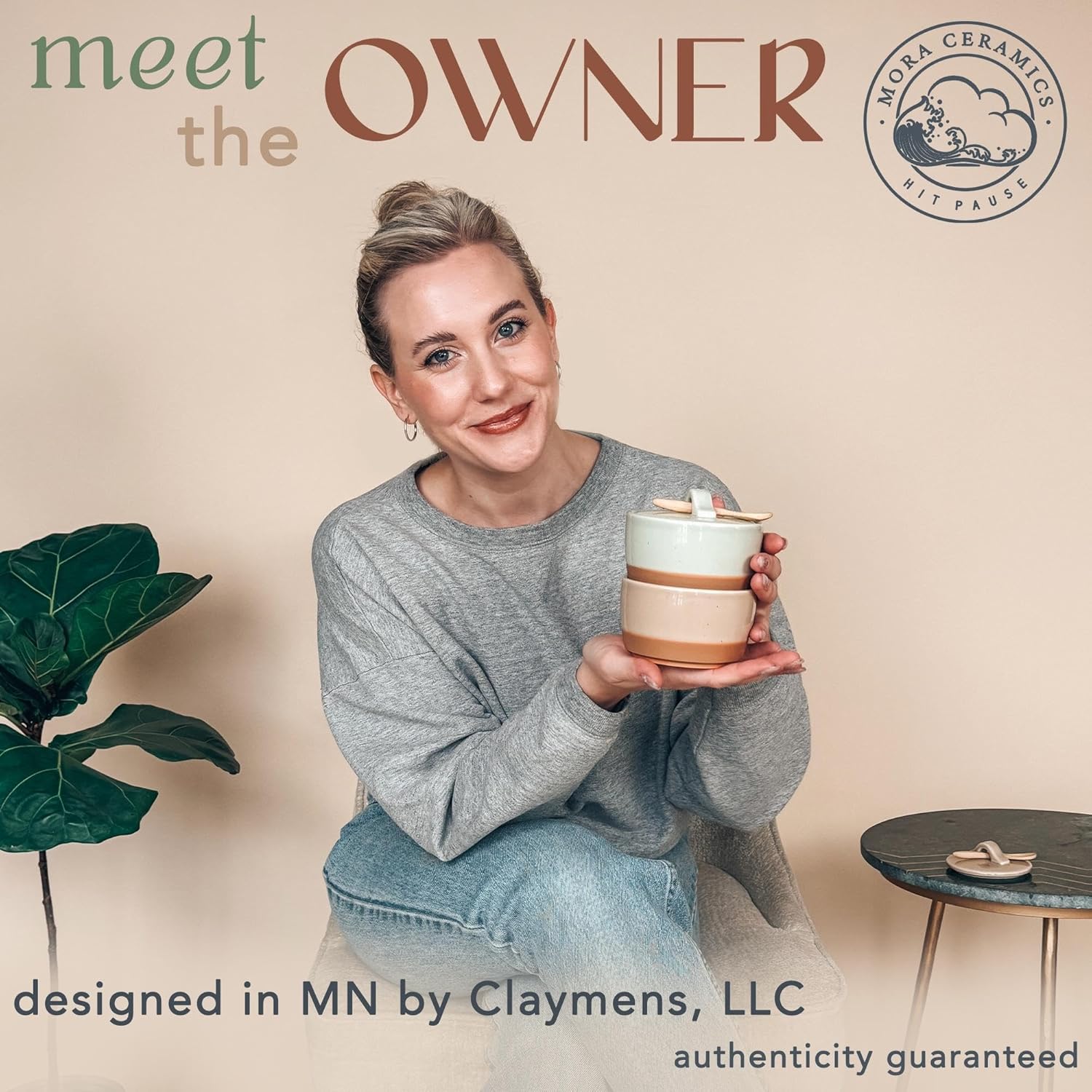 Mora Ceramic Salt and Pepper Cellar Set with Lid - 10 oz Modern Canister/Container/Bowl for Storage, Sea Salt, Spice, Sugar, Countertop - Small Dish/Jar with Wood Spoon, Matcha & Chai Crock