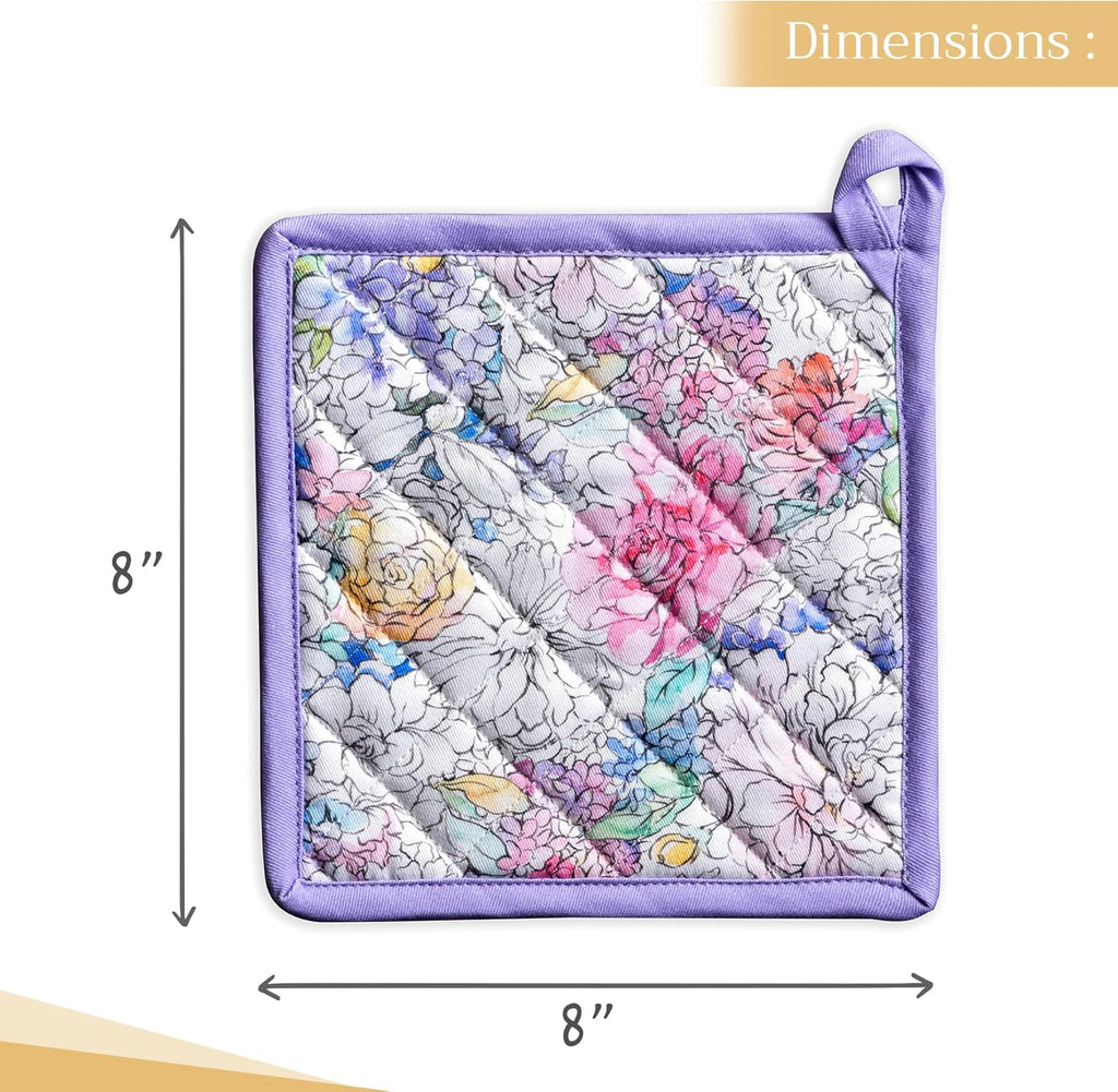Maison d' Hermine Pot Holders 100% Cotton Heat Resistant Potholders 8" x 8" Hot Pads with Loop BBQ, Cooking, Baking, Grilling, Kitchen, Handling Hot Pans Spring/Summer (Pack of 1, Floral Love)