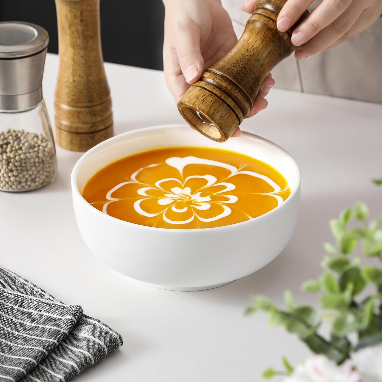 MALACASA Salad Bowls Set, 44 OZ (7") Large Soup Bowls Cereal Bowl for Kitchen, White Ceramic Bowls Set of 2, Dishwasher & Microwave Safe,Series REGULAR