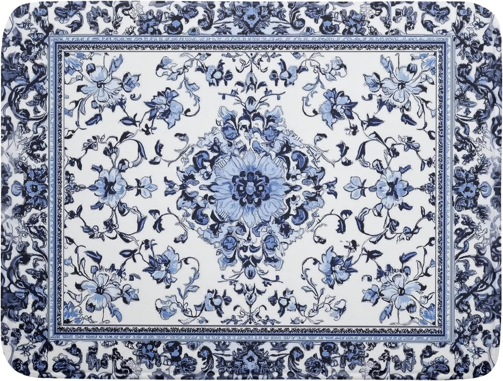 Boho Floral Dish Drying Mat 18x24 Inch Blue Leaves Kitchen Drying Pad Reversible Absorbent Dish Drainer Rack Mats Counter Tableware Decor