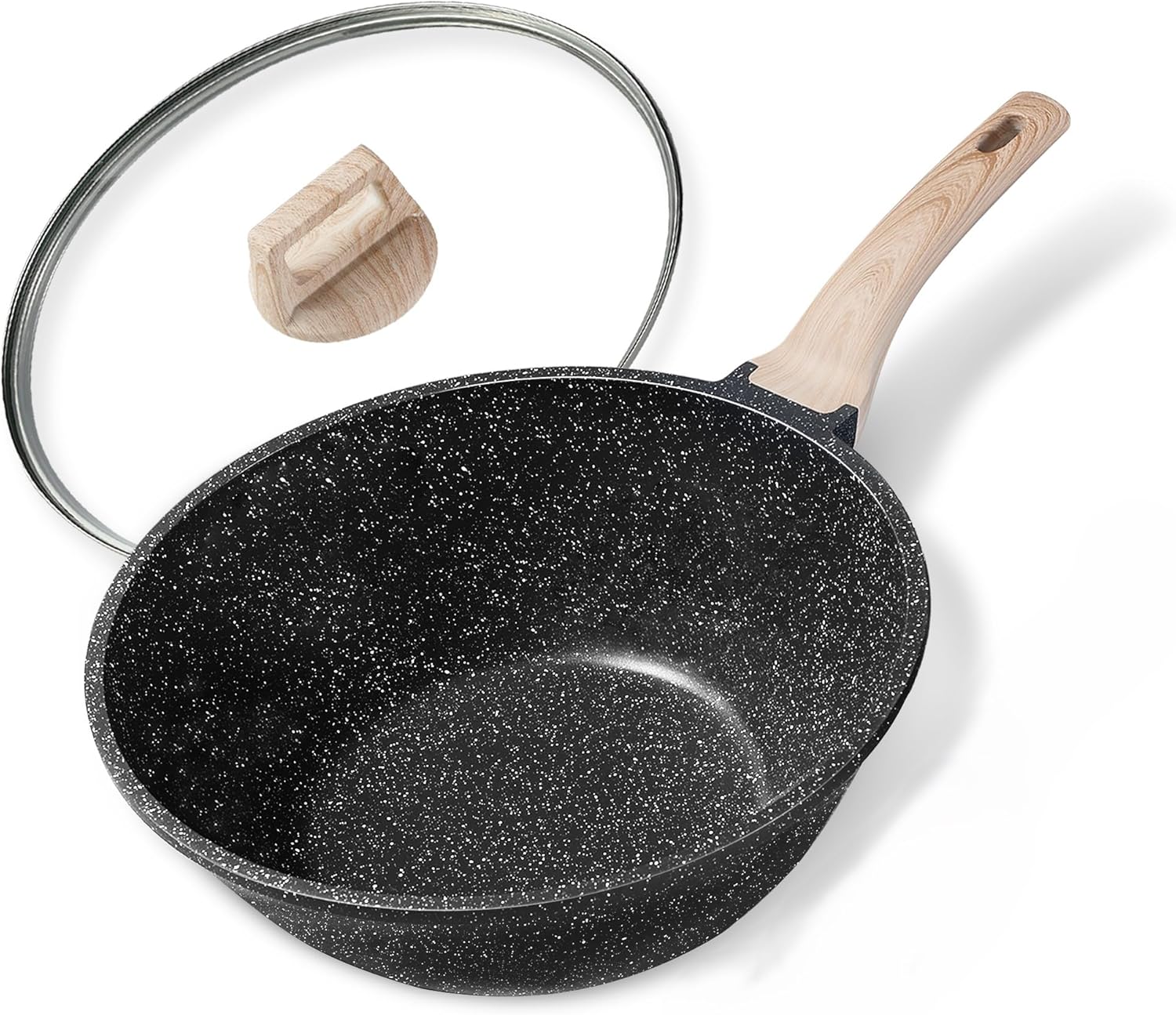 CAROTE Non Stick Wok with Lid 12''/5.3QT Woks & Stir-fry Pans Nonstick Granite Wok Pan Induction Cookware Deep Frying Pan, Compatible with All Stovetops