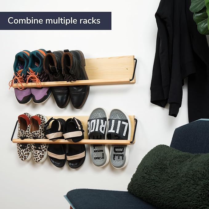 Wall Mounted Shoe Rack - A Wooden, Modern, Slim, and Small Shoe Storage Solution for Shoes and Boots in Narrow Spaces, entryways, or hallways. (30-in-Wide, Pack of 2)