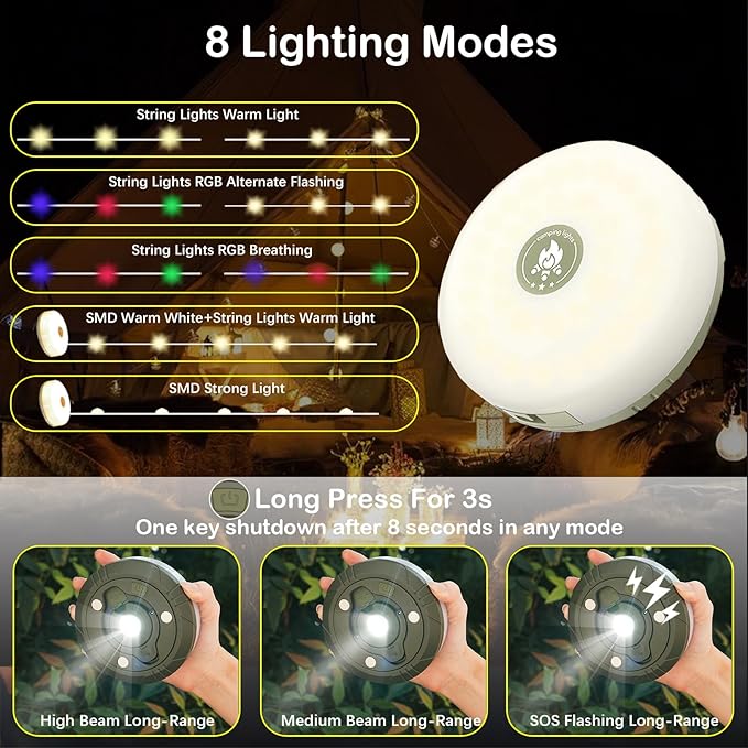 2-Pack Camping String Lights, 4 in 1 Outdoor String Lights with 8 Lighting Modes, Quick Storage, USB Charging, Portable Camping Light Rechargeable, 32.8ft Waterproof Tent Light for Hiking,Christmas