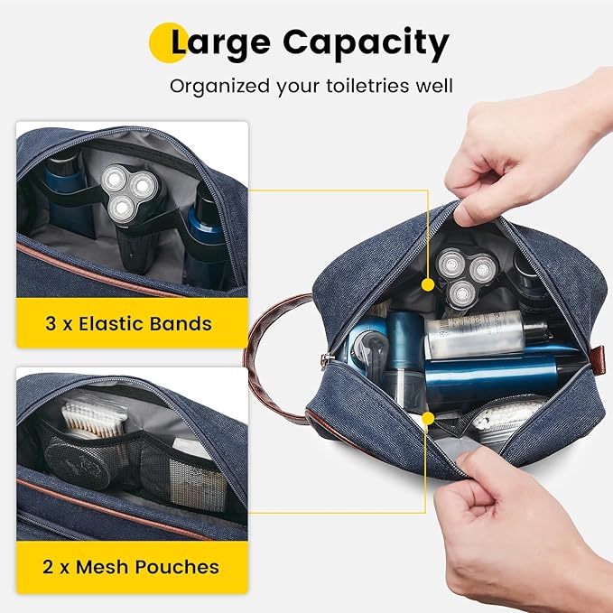 Vorspack Travel Toiletry Bag - Canvas Toiletry Bag for Men Water Resistant Skincare Bag Dopp Kit for Bathroom Toiletries Accessories Gifts - Navy Blue