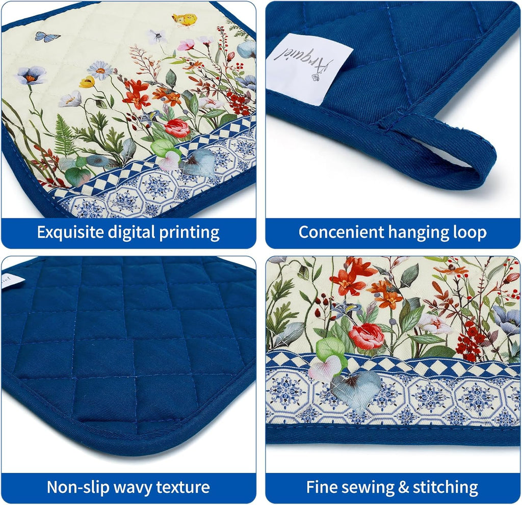 Retro Wildflowers Oven Mitts and Pot Holders Sets 4Pcs, 100% Cotton Heat Resistant, Extra Long Oven Gloves Potholder for Kitchen Cooking Baking Housewarming