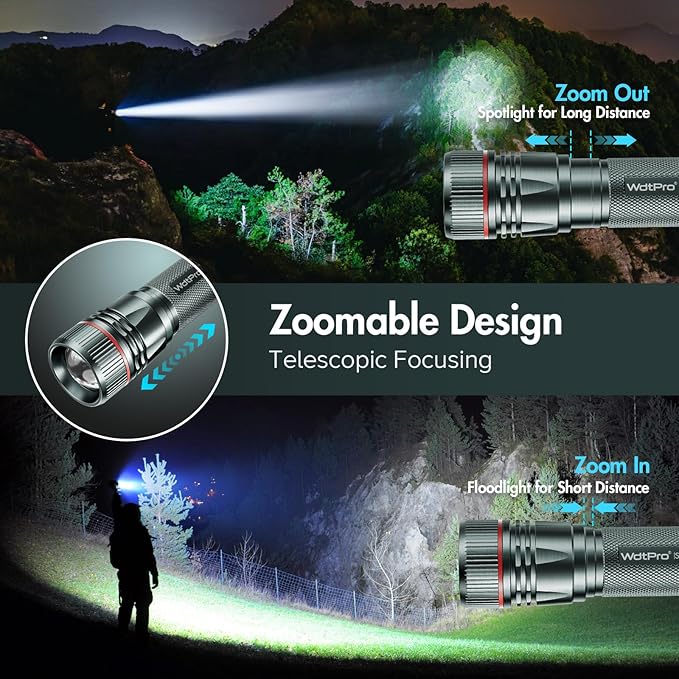 WdtPro Rechargeable Flashlights High Lumens, 1 Pack Super Bright LED Small Tactical EDC Flashlight with 10H Runtime, Portable Flash light for Camping, Home, Emergency Essentials Grey(Battery Included)