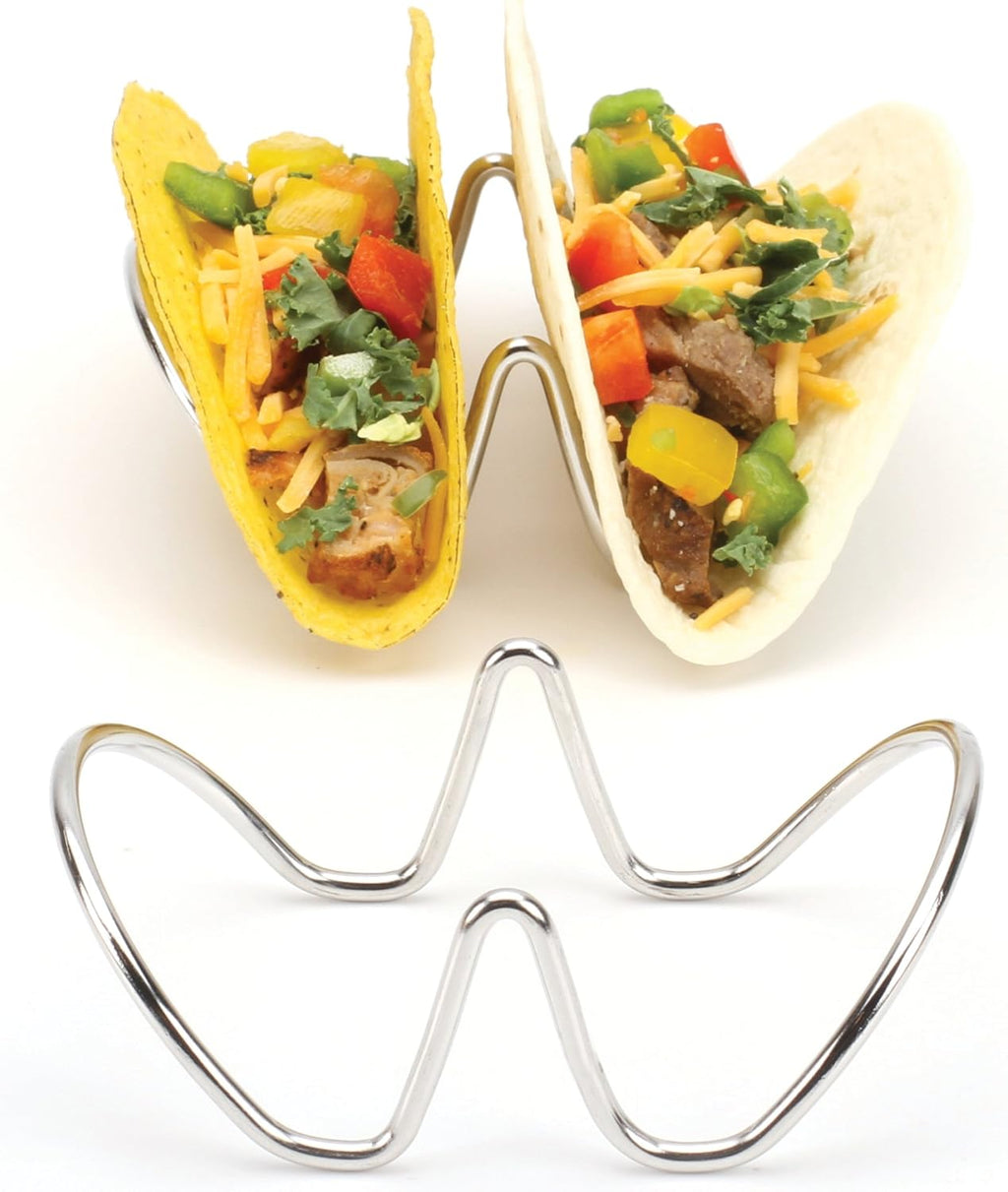 2LB Depot Taco Holder Set with 2 Stackable Stainless Steel Stands, Each Rack Holds 2 Hard or Soft Tacos, Five Styles Available, Perfect for Home and Restaurants