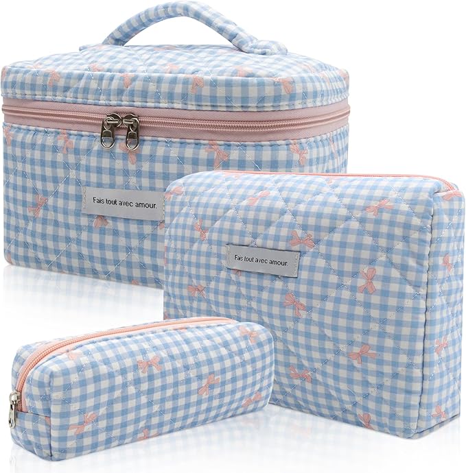 3pc Makeup Bag Set, Quilted Makeup Bag Set, Large Floral Cosmetic Bag for Women, Cute Cotton Makeup Bags, Flower Travel Toiletry Organizer Bag (Blue Plaid Bow)