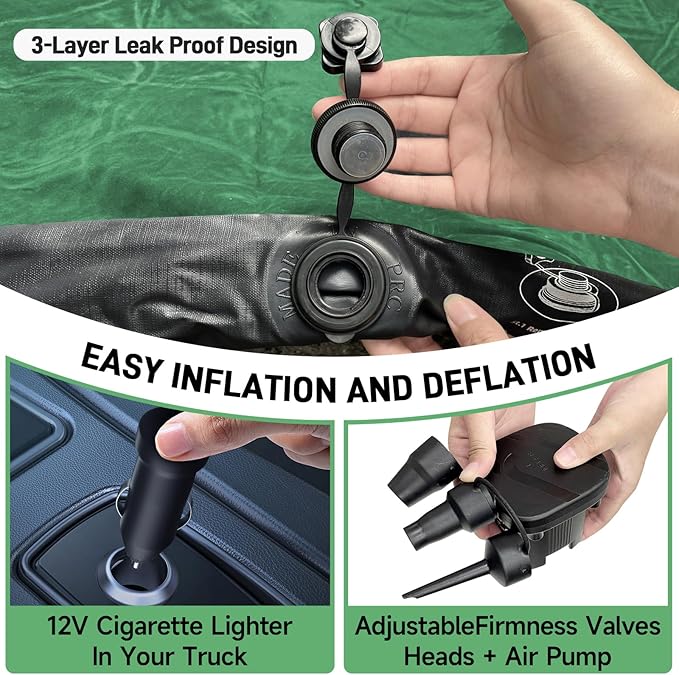Truck Bed Air Mattress, Full Size Truck Beds, Inflatable Air Mattress with Air Pump 2 Pillows, Carry Bag, Pickup Bed Mattress for Chevrolet Silverado, Dodge Ram, Ford, Green