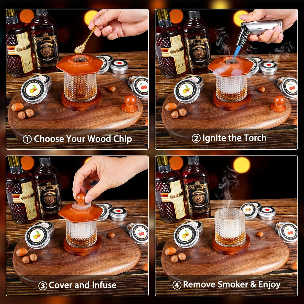 Whiskey Smoker Kit with Torch - 6 Flavors Wood Chips, 2 Rotatable Whiskey Glasses, 2 Ice Ball Molds - Cocktail Smoker Infuser Kit, Old Fashioned Smoker Kit, Birthday Gifts for Men, Dad(NO Butane)