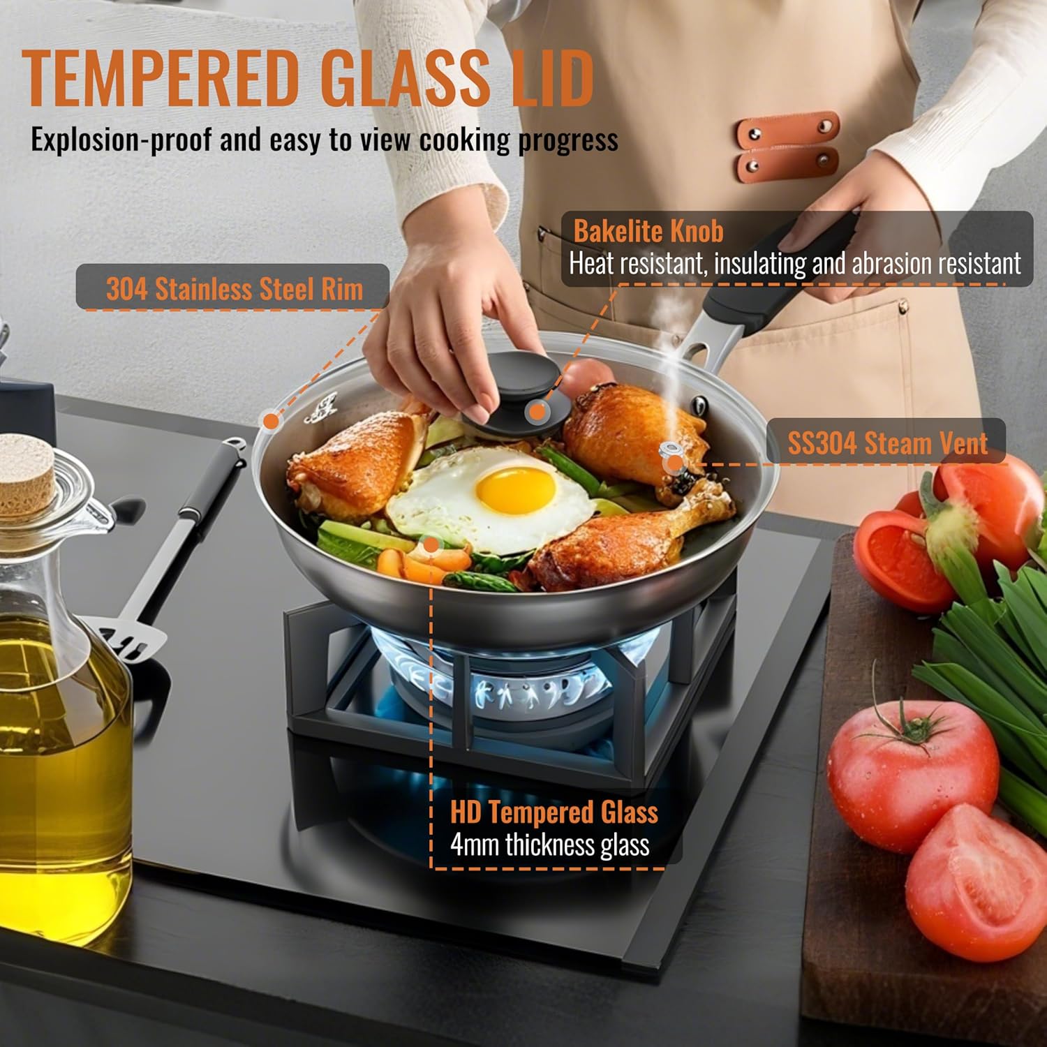 12 Inch Pan Lid For Pots Pans and Skillets, Cast Iron Skillet Lid, Large Tempered Glass Pan Lids, Replacement Pan Cover for Frying, Crock Pot Lid with Stainless Steel Rim, Cookware Pot Covers