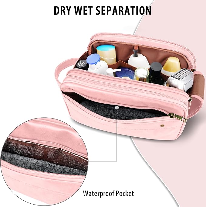 Travel Toiletry Bag for Women, Large Hanging Toiletries Organizer Bags for Man, Cruise Ship Essentials, Water-resistant Shaving Case, PU Leather Makeup Accessories, Cosmetic Dopp Kit, Pink