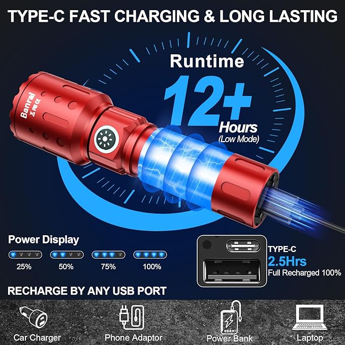 Flashlights High Lumens Rechargeable, 20,000 Lumens Super Bright 1500 Meters Long Range Small Powerful Flashlight, 6 Modes LED Tactical Pocket Waterproof Flash Light for Home Emergency (2, Red)