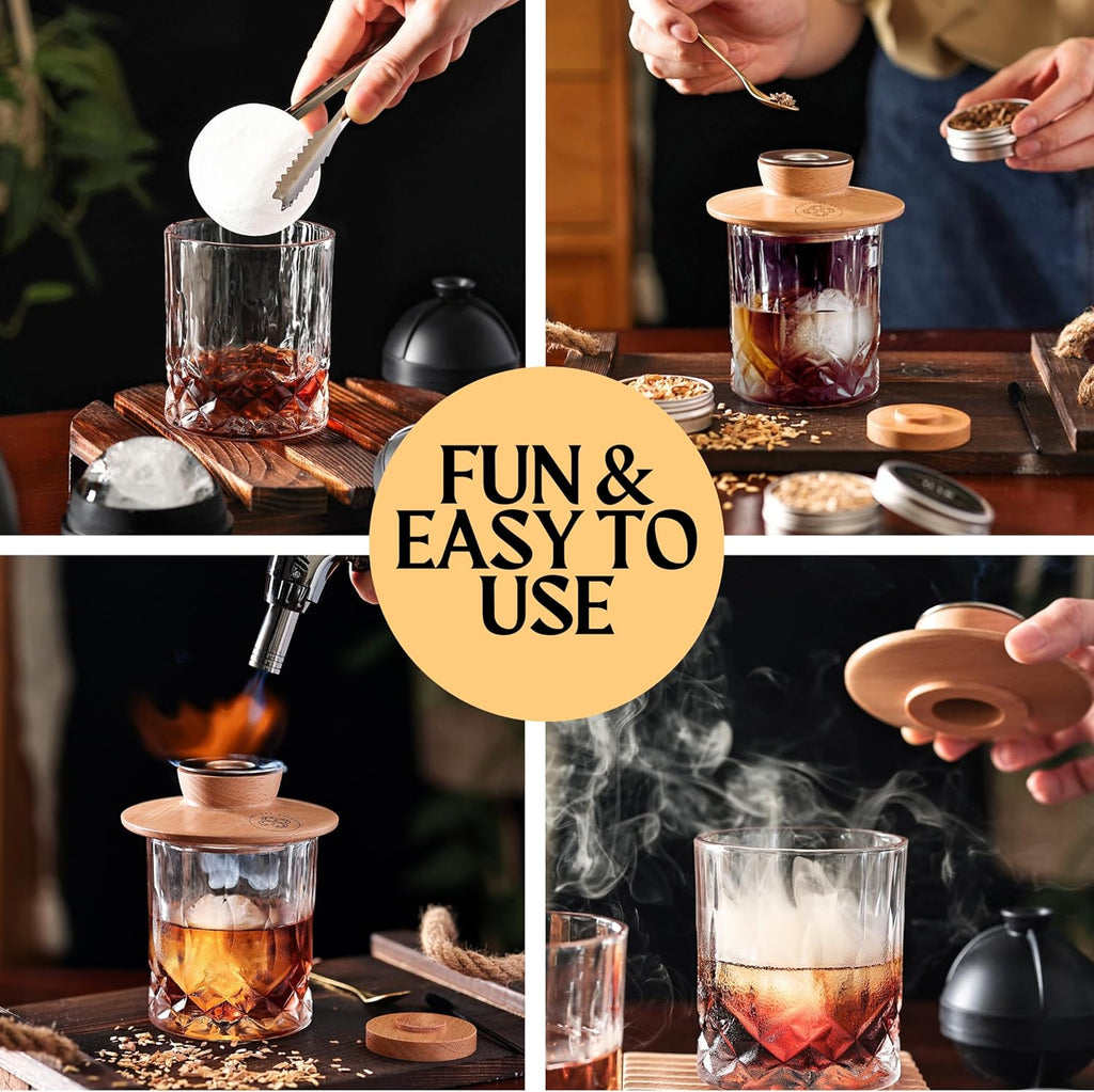 Whiskey Smoker Kit - Cocktail Smoker Kit with Torch, 2 Whiskey Glasses, 2 Ice Ball Makers, 6 Flavors Wood Chips - Old Fashioned Smokers - Bourbon Drink Smoking Set - Whiskey Accessories Gifts for Men