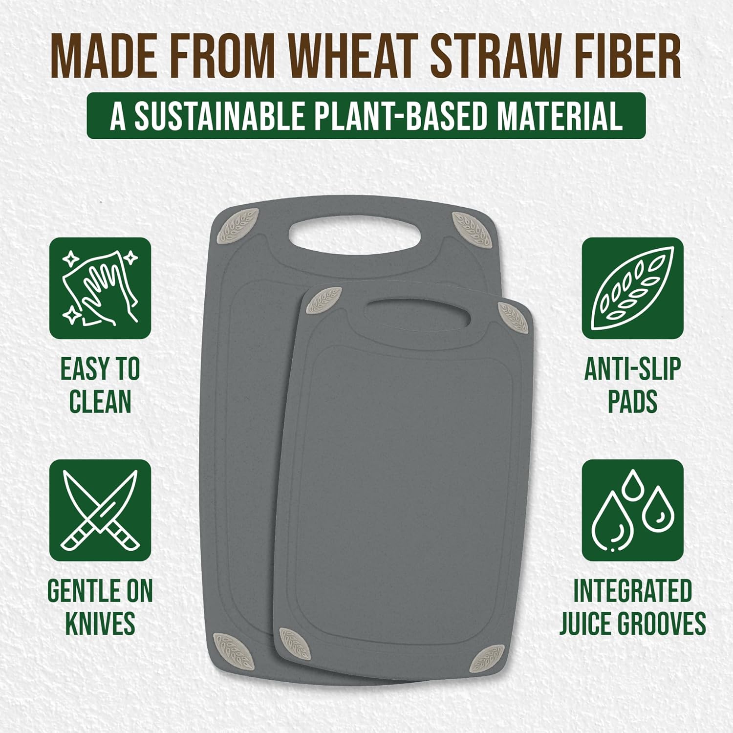 2-Piece Reversible Cutting Board Set Made from Natural Food Grade Wheat Straw Material - Eco-Conscious Alternative to Plastic - Gluten Free & BPA Free Chopping Boards for Kitchen