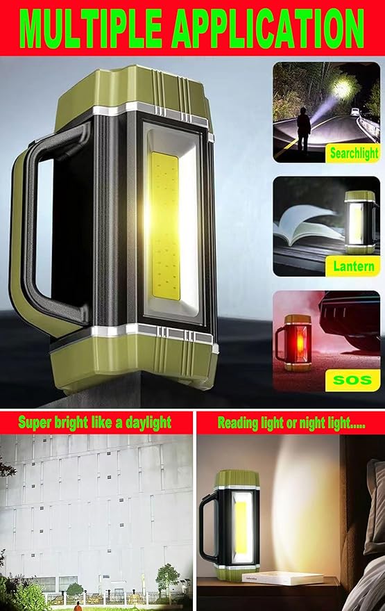 Rechargeable Solar LED Spotlight, Super Bright 13000LM Handheld LED Searchlight, Multi Function Camping Lantern Flashlight, 6 Light Modes, Power Bank, IPX4 Waterproof, for Emergency, Hiking, Home
