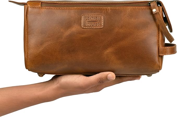 LEATHER VILLAGE Premium Leather Travel Toiletry Bag - Unisex Water-Resistant Travel Dopp Kit, Shaving & Cosmetic Organizer for Men & Women - Compact Bathroom Essentials - Camel Brown