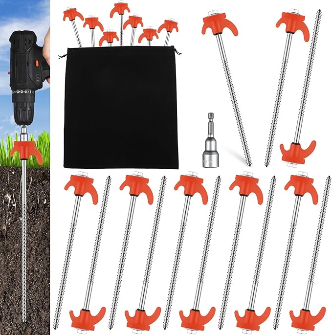 20 Pcs 8" Screw in Tent Stakes Heavy Duty Tent Stakes Drillable Ground Anchors Screw Metal Tent Pegs Threaded Tent Spikes with Head Driver for Swing Inflatable Decor (Orange)