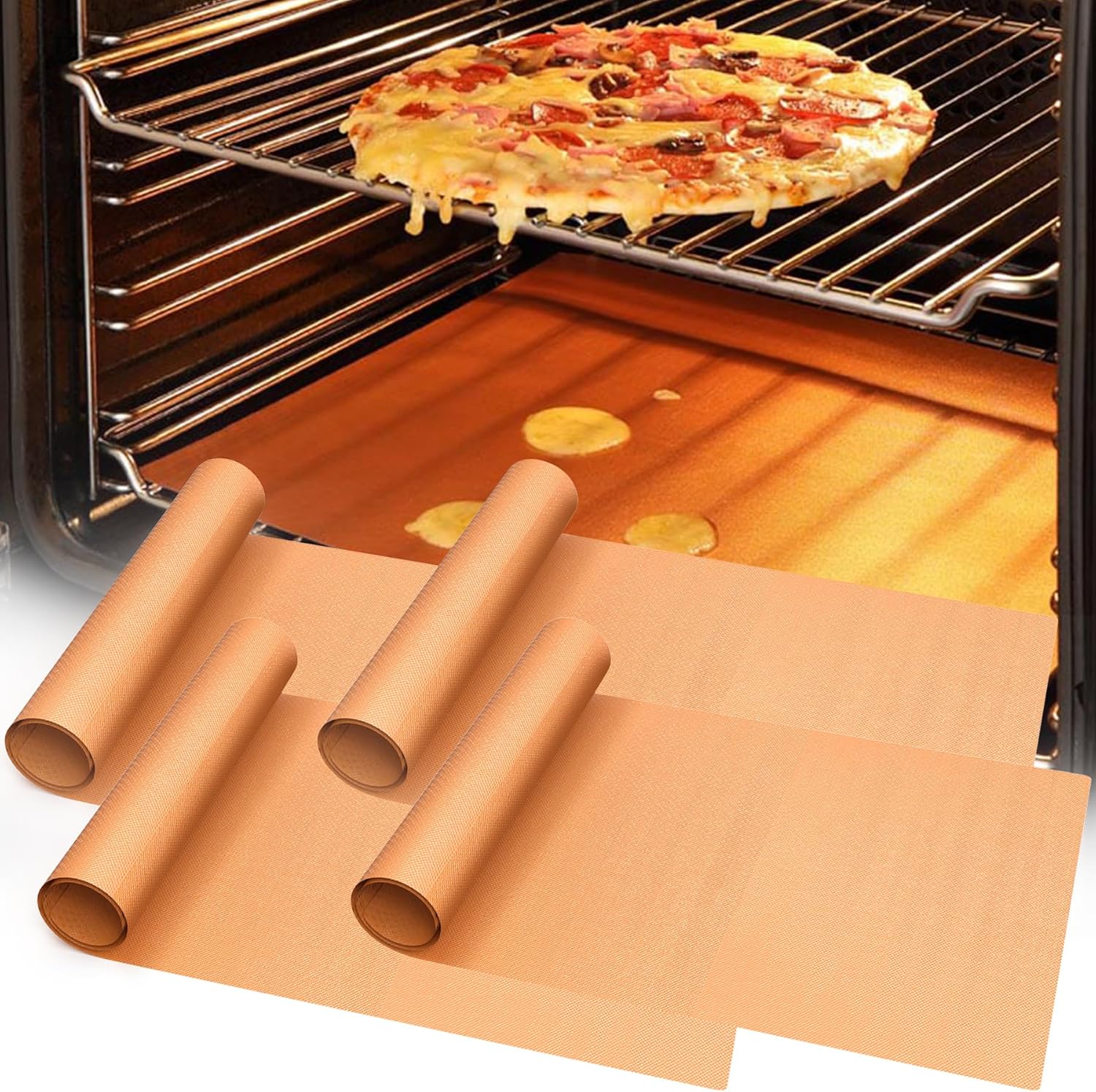 UBeesize 4 Pack Thickened Copper Oven Liners for Bottom of Oven BPA & PFOA Free, Reusable 16x24 Inch Heavy Duty Non Stick Teflon Oven Mats, Fit Electric Gas Toaster Convection Microwave Ovens Grills