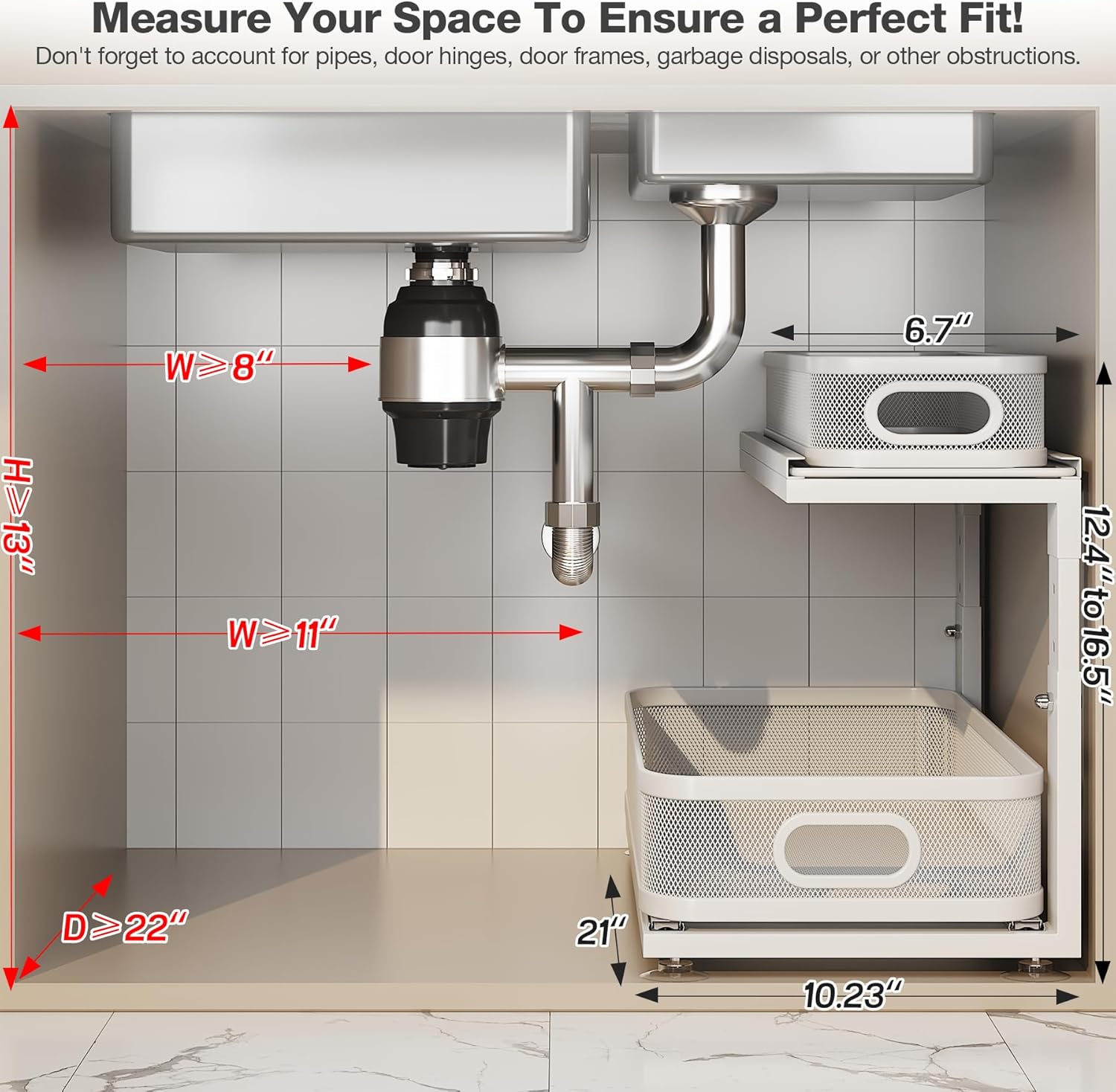 2 Pack 21IN-Depth Under Sink Organizer With Next-Gen Ball-Bearing Slides,2-Tier Precision Mesh Pull Out Cabinet Storage for Bathroom&Kitchen,Height Adjustable Drawers Shelf,Anti-rust-White
