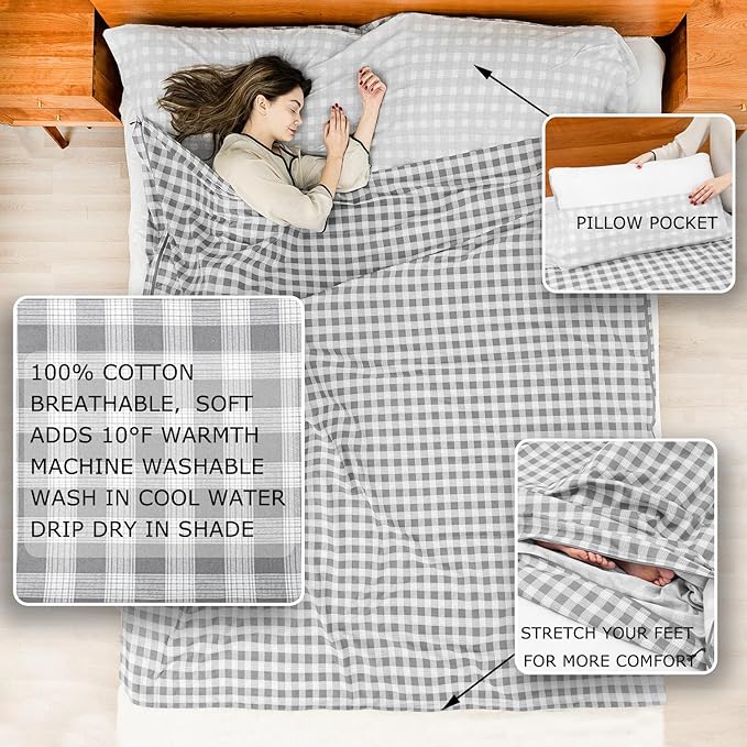 100% Cotton Sleeping Bag Liner with Full Length Zipper on 3 Sides; Single/Double Adult Sleep Sack for Travel & Camping, Multifunctional Travel Sheets (Unzipped 87”x87”) for Hotel, Lightweight