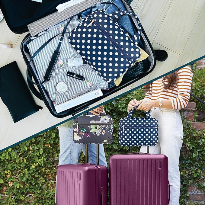 PAVILIA Hanging Toiletry Bag Travel Bag Women Men, Foldable Cosmetic Organizer, Roll up Makeup Bag, Water Resistant Accessories Toiletries, Large Travel Essentials Kit (Navy Polka Dot)