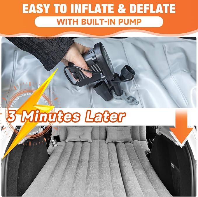 SUV Air Mattress: Inflatable Car Air Mattress for Camping, Flocking Car Bed with Air Pump & 2 Pillows, Portable Sleeping Pad Mattress for Home Car Travel Camping Grey