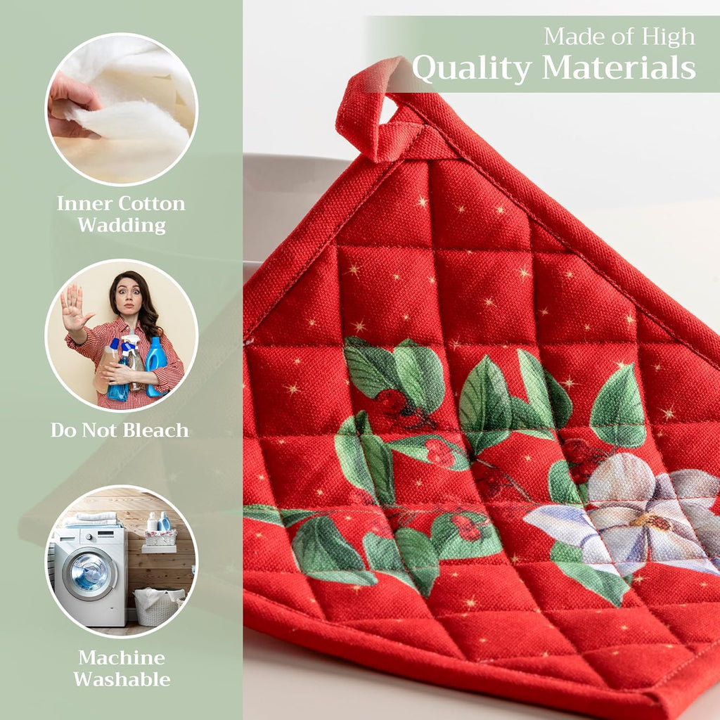 Maison d' Hermine Pot Holders Set 100% Cotton Heat Resistant Potholders 8" x 8" Hot Pads with Loop BBQ, Cooking, Baking, Grilling, Kitchen, Handling Hot Pans (Pack of 2, Noel)