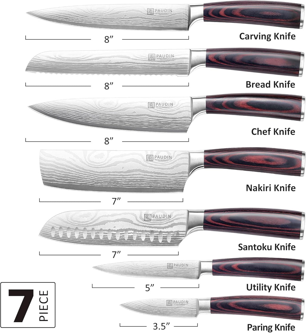 PAUDIN Chef Knife Set, 7 Pieces Kitchen Knife Set, High Carbon Stainless Steel, Ultra Sharp Knife Set, Professional Knives Set for Kitchen with Pakkawood Handle