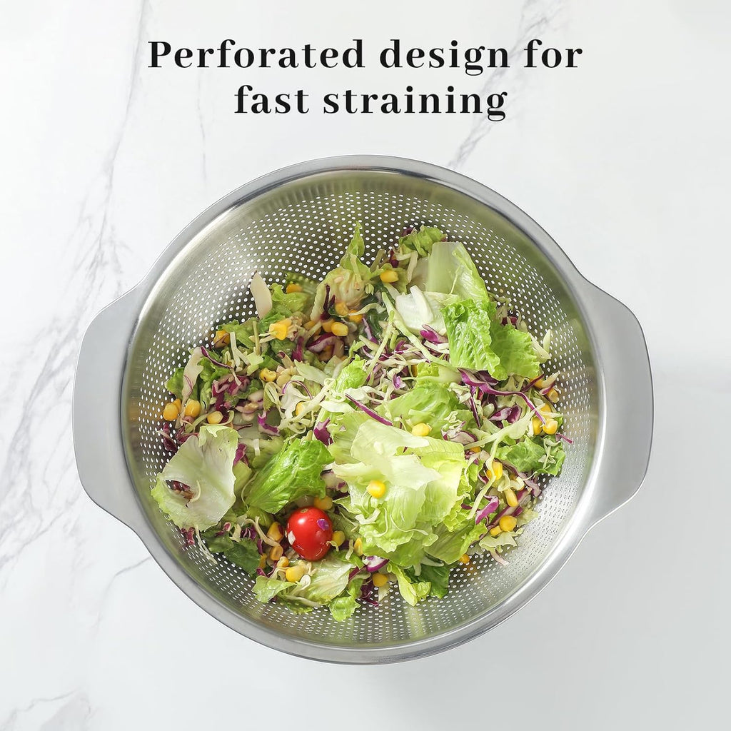 18/8 Stainless Steel Microwell Colander, 5QT Large Capacity with Handle Kitchen Food Strainer Basket for Washing Vegetables, Fruits, Rice, and Pasta (primary colour, 5QT)