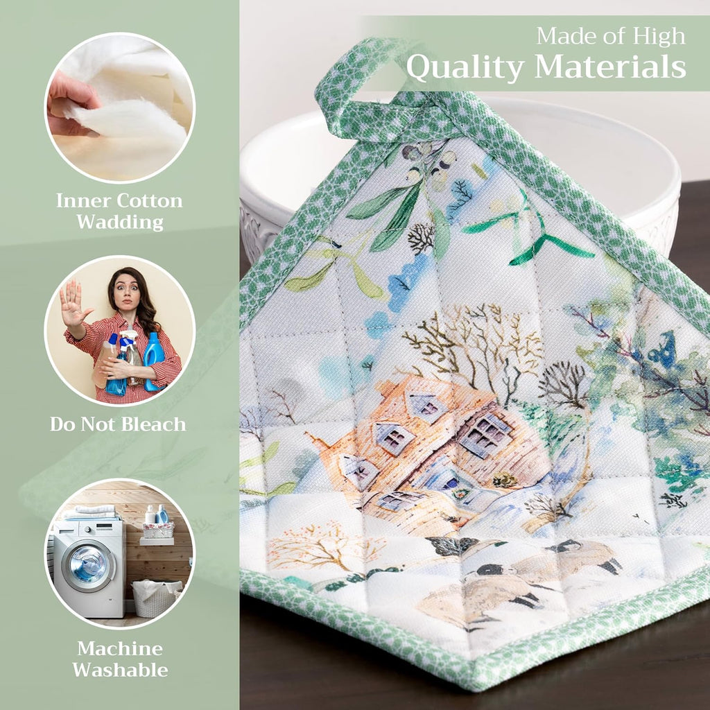 Maison d' Hermine Pot Holders 100% Cotton Heat Resistant Potholders 8" x 8" Hot Pads with Loop BBQ, Cooking, Baking, Grilling, Kitchen, Handling Hot Pans (Pack of 1, Snowy World)