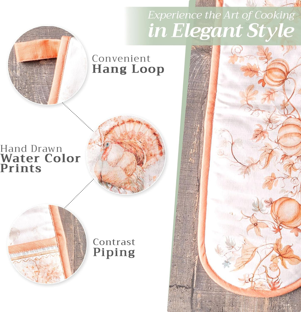 Maison d' Hermine Double Oven Mitts 100% Cotton 7"x35" Double Oven Mitt Heat Resistant BBQ Cooking Gloves with Loop, Baking, Grilling, Home, Kitchen, Handling Hot Pans (Giving Thanks)