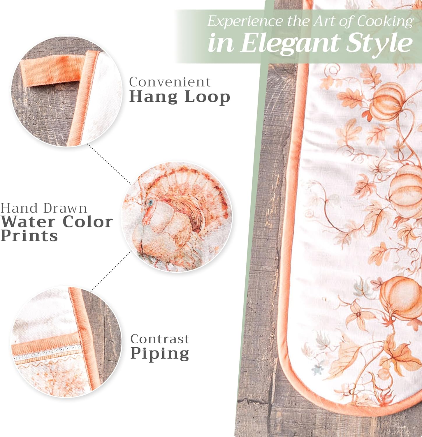 Maison d' Hermine Double Oven Mitts 100% Cotton 7"x35" Double Oven Mitt Heat Resistant BBQ Cooking Gloves with Loop, Baking, Grilling, Home, Kitchen, Handling Hot Pans (Giving Thanks)