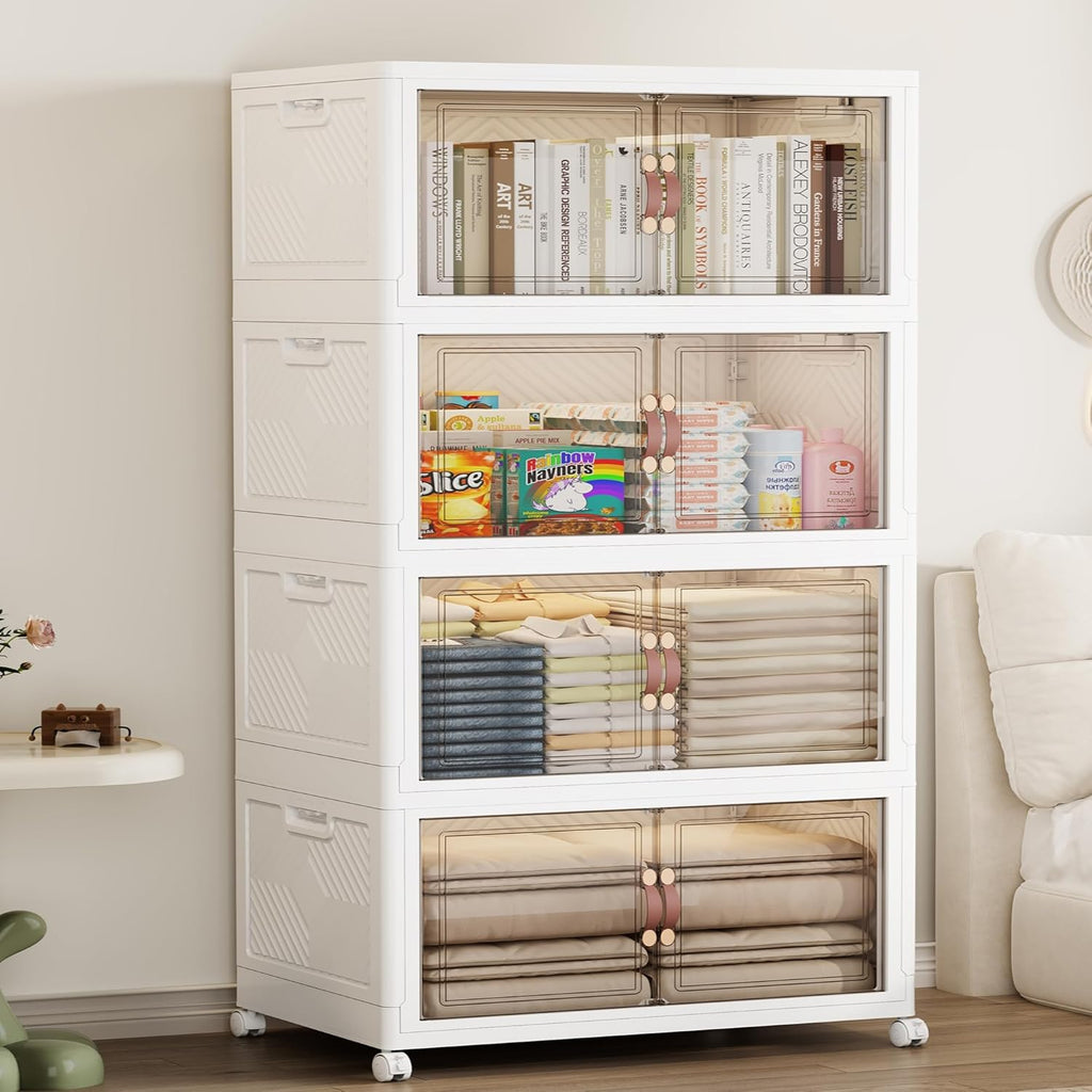 SAILUN 331QT/82 Gal Extra Stackable Storage Bins Large Collapsible Storage Bins with Wheels and Lid, Open Front Folding Closet Organizers and Storage,4Pack 23.6" W x 15" D x 54" H