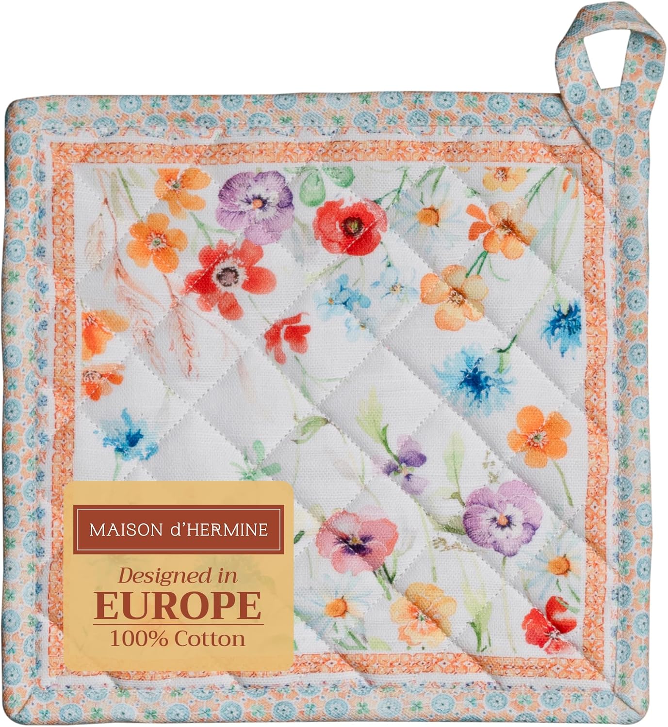 Maison d' Hermine Pot Holders 100% Cotton Heat Resistant Potholders 8" x 8" Hot Pads with Loop BBQ, Cooking, Baking, Grilling, Kitchen, Handling Hot Pans Spring/Summer (Pack of 1, Summer Whisper)