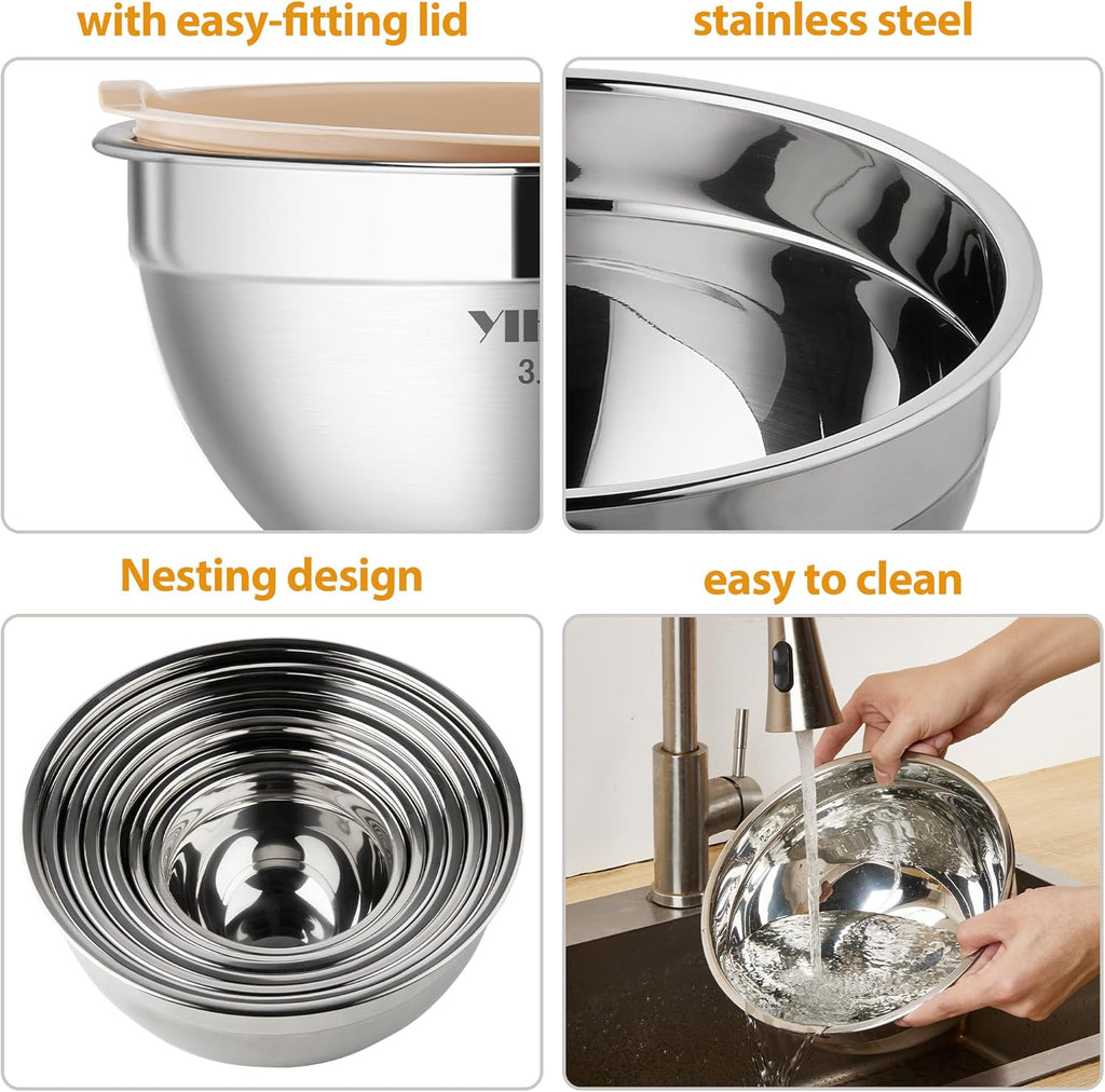 YIHONG 7 Piece Metal Mixing Bowls with Lids for Kitchen, Stainless Steel Set Ideal for Baking, Prepping, Cooking and Serving Food, Nesting Design for Space Saving Storage (Khaki)