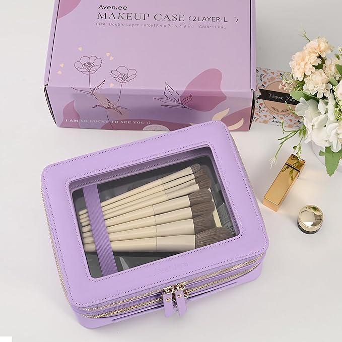 Aveniee Clear Makeup Bags, Double Layer Cosmetic Bags with a Separate Brush Compartment, Large Travel Toiletry Bag Train Case for Women, Travel Accessories Organizer(2 Layers Large, Lilac)