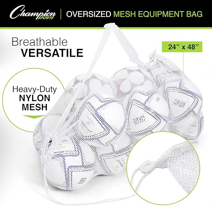 Champion Sports Mesh Equipment Bag – Heavy-Duty Nylon Drawstring Bag with Lock & ID Tag, Breathable Storage Sack for Balls, Swim Gear, Laundry & Toys, Multiple Sizes & Colors