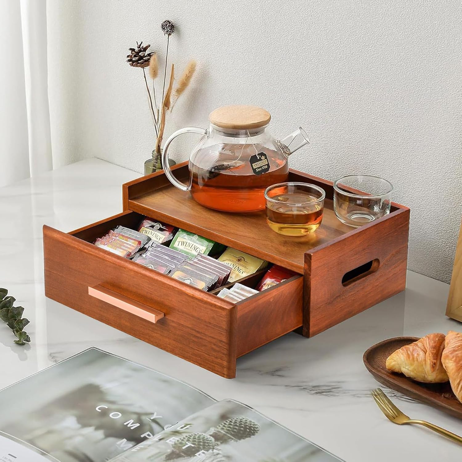 Wooden Tea Bag Organizer, Tea Box Organizer Storage Box, Coffee and Tea Drawer Organizer, Tea Bag Holder Station for Countertop Gift for Tea Lovers Containers for Caddy Packet