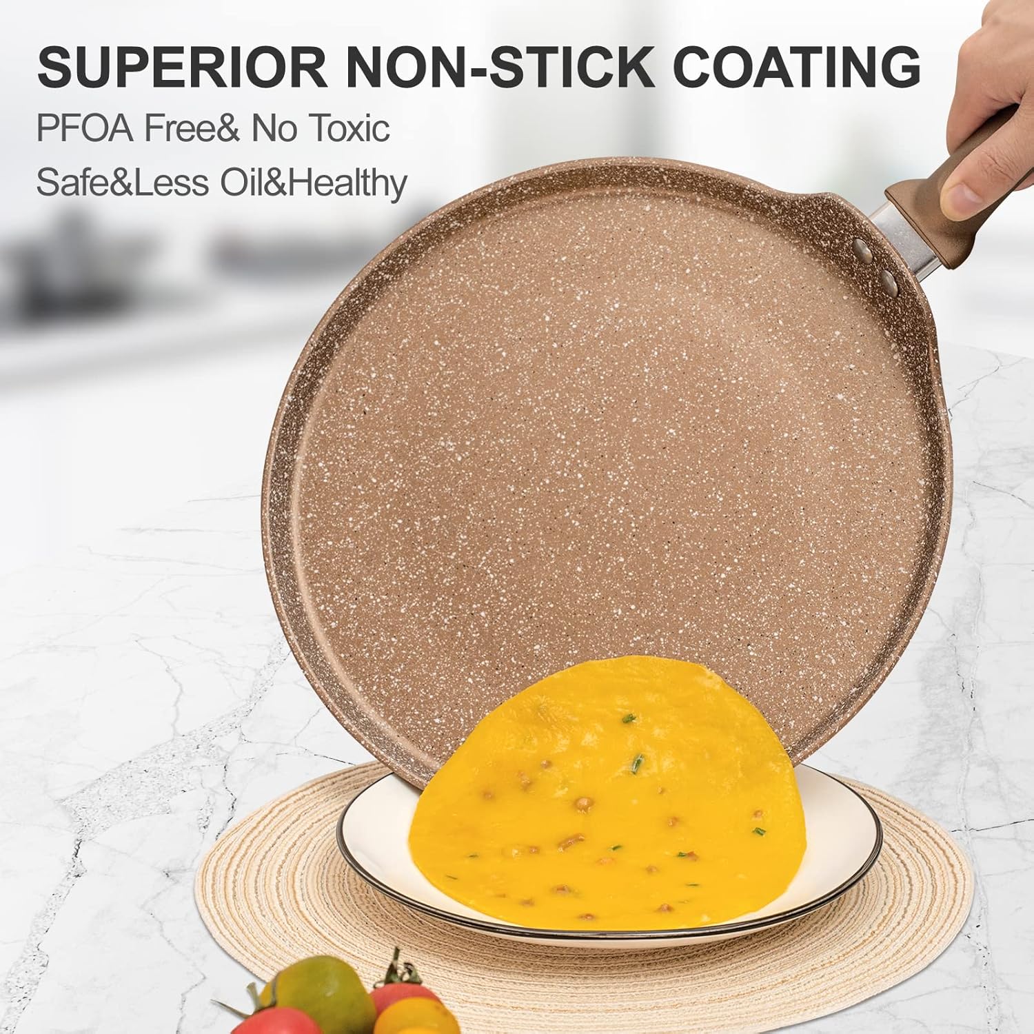 11 inch Nonstick Crepe Pan, Granite Coating Flat Skillet Dosa Tawa Tortilla Pan, Large Pancake Griddle Comal Pan, Compatible with All Stovetops, PFOA Free