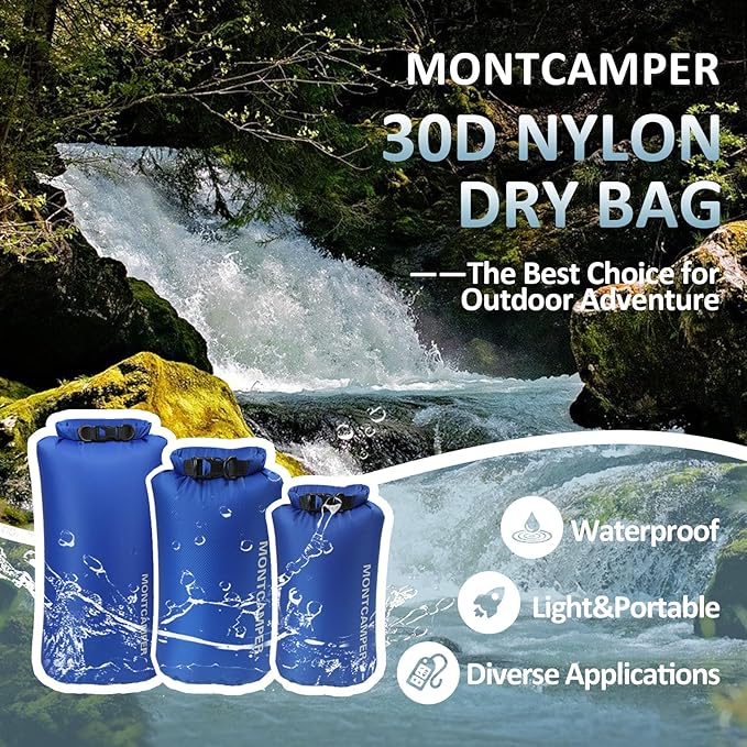 3-pack 30D Nylon Waterproof Dry Bag-Portable Waterproof Storage Sack for Kayaking, Hiking and Rafting-Roll Top Closure-Float on Water(5L/10L/20L,Blue)