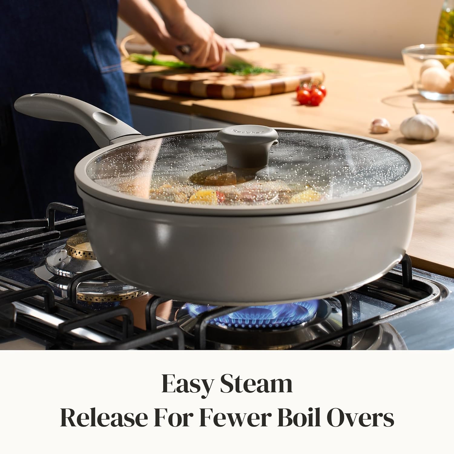 Redchef Ceramic Coated Nonstick Frying Pan with Cover, Large Deep Saute Pan Skillet, Induction Ready, Dishwasher Safe, PFOA PFOS Free, Non Toxic, Glass Lid Large Deep Frying Pan, Grey (5.5Qt, 12")