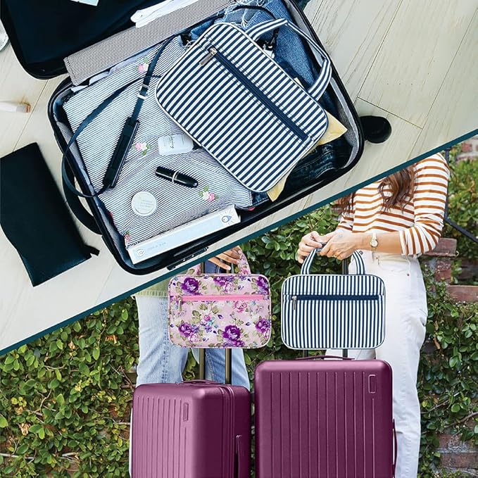 PAVILIA Hanging Toiletry Bag Travel Bag Women Men, Foldable Cosmetic Organizer, Roll up Makeup Bag, Water Resistant Accessories Toiletries, Large Travel Essentials Kit (Navy Stripe)