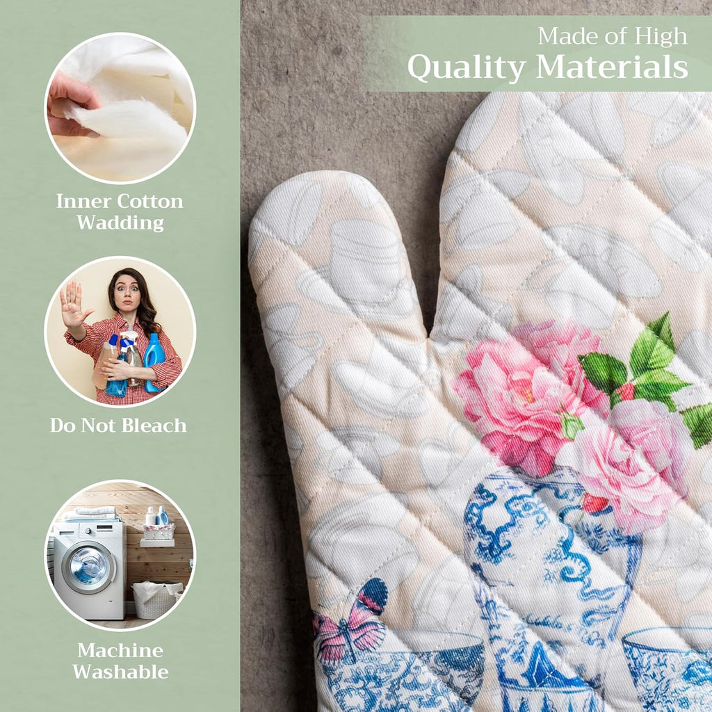 Maison d' Hermine Oven Gloves 100% Cotton Oven Mitt 7" x 13" with Loop Heat Resistant, BBQ, Cooking Gloves, Baking, Grilling, Kitchen, Handling Hot Pans Spring/Summer (Pack of 1, Canton)