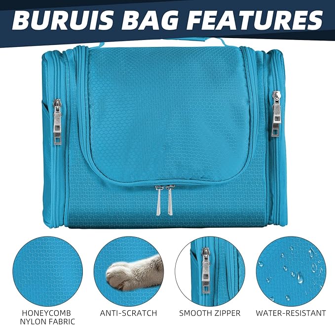 Buruis Large Capacity Toiletry Bag for Women and Men, Hanging Toiletry Organizer Cosmetics Makeup Bag, Water-resistant Dopp Kit Shaving Bags for Full Sized Toiletries, Travel Essentials (Light Blue)